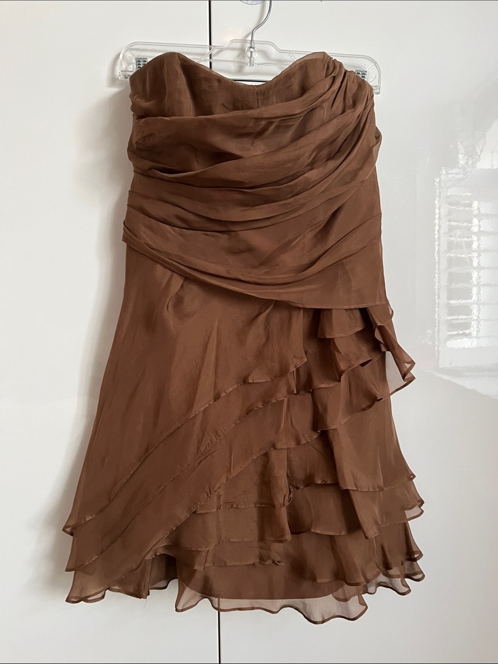 NWOT 100% Silk ABS Allen Schwartz Brown Strapless Ruffle Cocktail Dress, Size 8